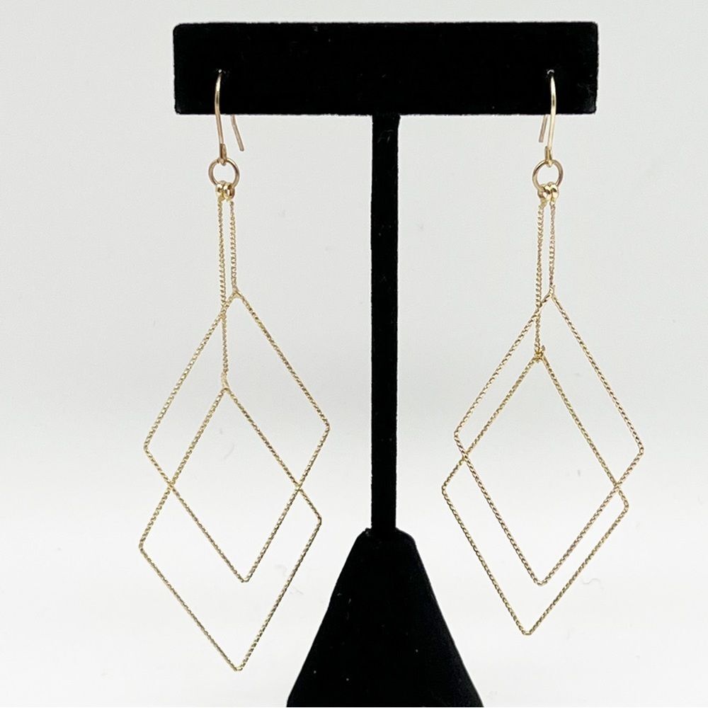2 Tier Diamond Shaped Gold Tone Hook Dangle Pierced Earrings Fashion Jewelry